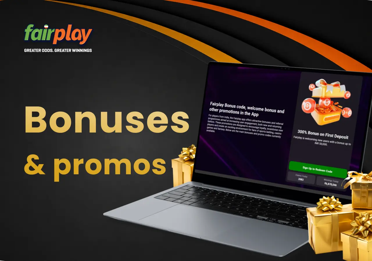 FairPlay bonus offers shown on a laptop with dice and sports equipment