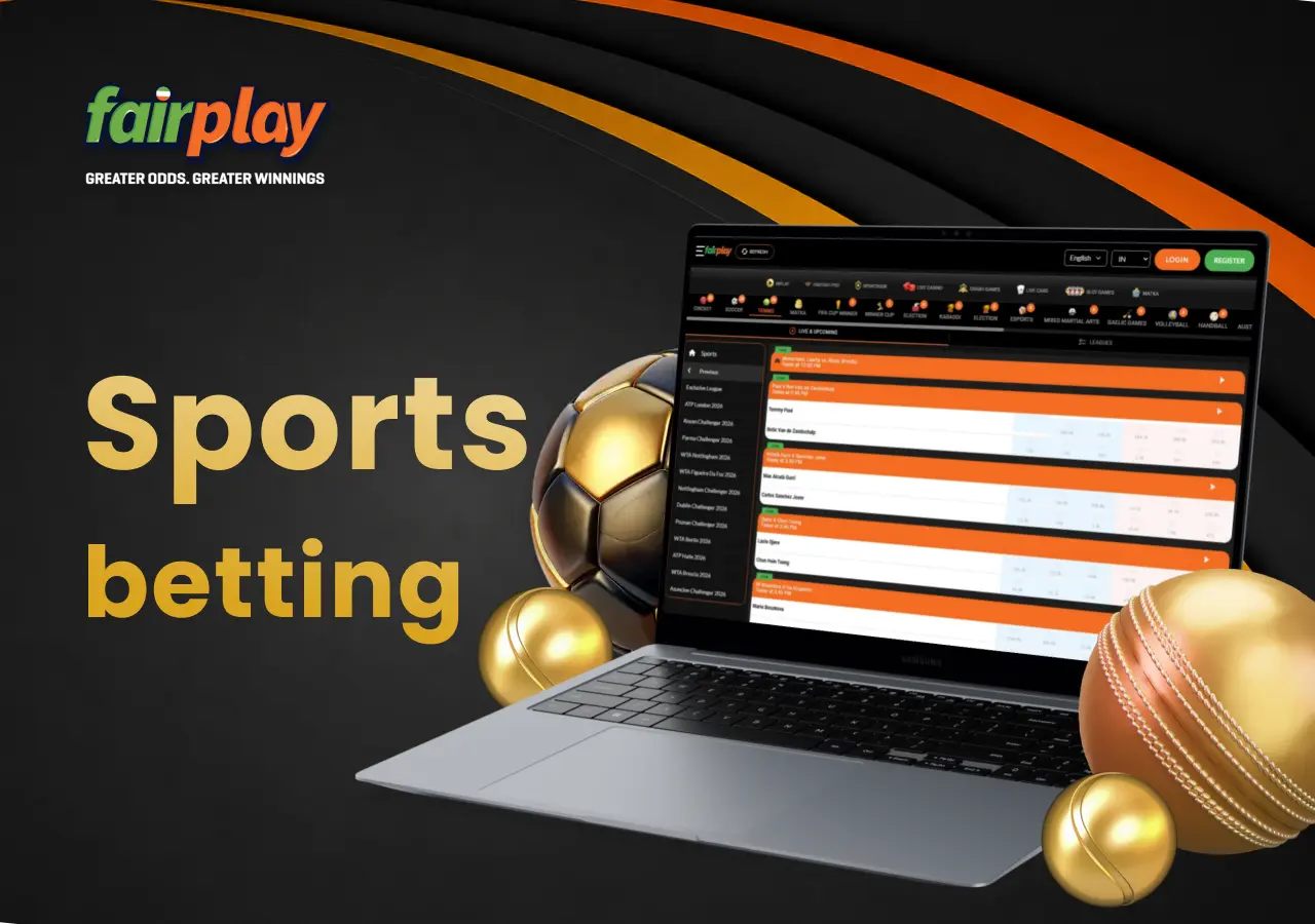 Laptop showing FairPlay sports betting markets with footballs beside it