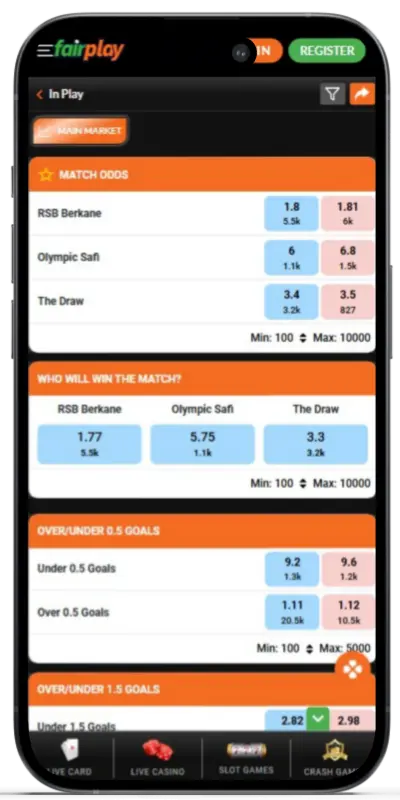 FairPlay app sports betting screen